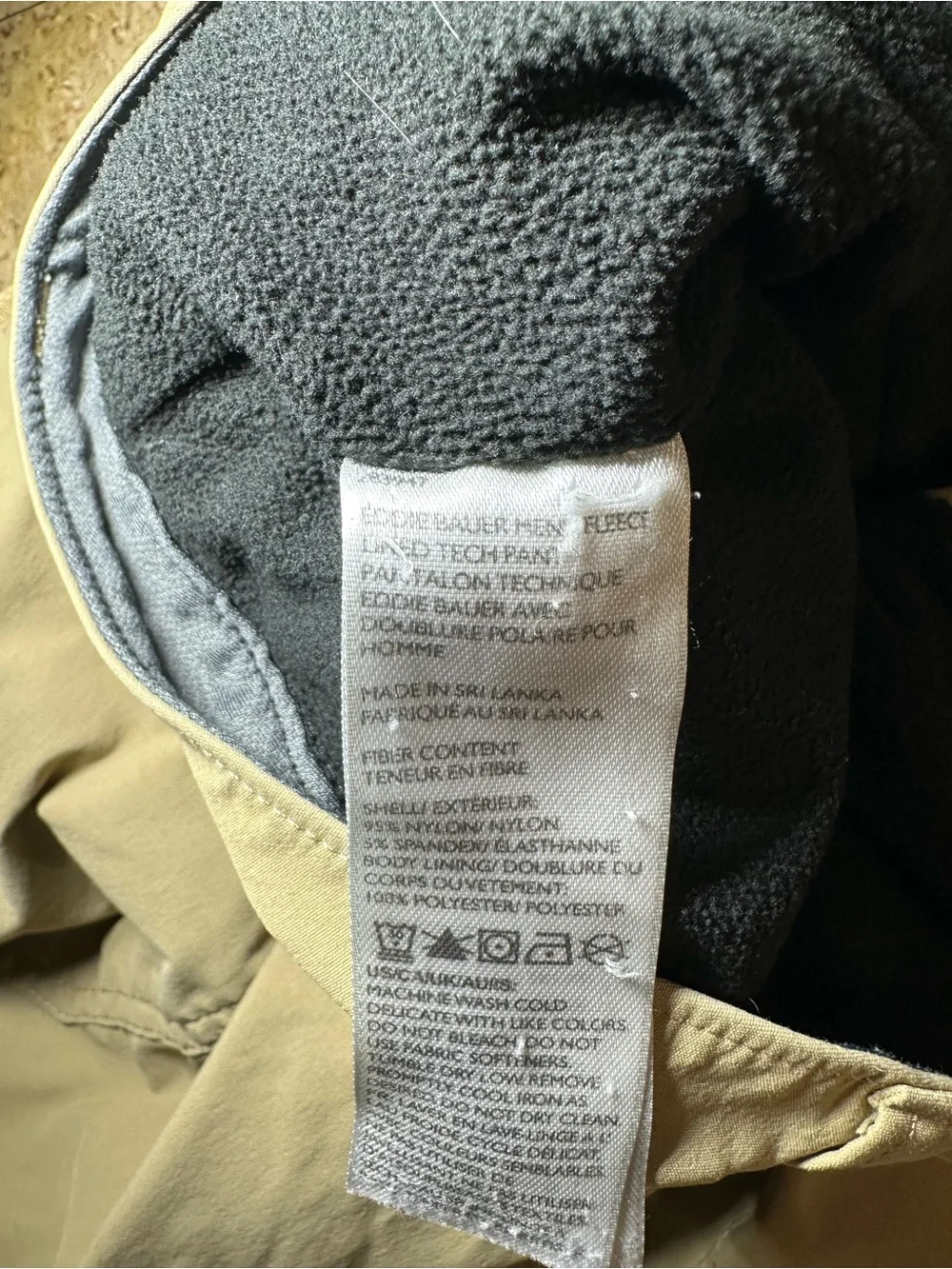 Eddie Bauer Mens Tan Fleece Lined Tech Cargo Pants Stretch Winter Hiking 38x27